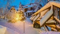 Wooden bridge with house in the night with light in the snow in Saxon Switzerland National Park, Elbe Sandstone Mountains at the B Royalty Free Stock Photo