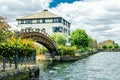 A wooden bridge and houses at the London Docklands