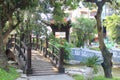 A wooden bridge inside a pogoda Royalty Free Stock Photo