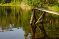 Wooden bridge by the lake in calm water among the forest