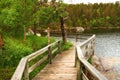 Wooden bridge beside a lake in a forest. Vibrant green wilderness landscape in Norway. Peaceful fishing spot on a cozy Royalty Free Stock Photo