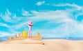 Wooden bridge leading into the sea on a bright day with 3d character cartoon standing woman, suitcase, sea, blue sky landscape