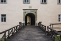 Wooden bridge leading to the entrance to the Uzhhorod castle. Ukraine Royalty Free Stock Photo