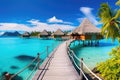 Wooden bridge leading to tropical beach with water bungalows at Maldives, Luxury travel vacation destination panoramic banner.