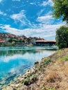 Wooden bridge over the Aare river in Bueren an der Aare, Switzerland