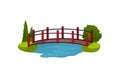 Wooden bridge over blue pond or river. Timber footbridge, green trees, bush and grass. Landscape element. Flat vector