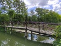 Wooden bridge over a fishing pond Royalty Free Stock Photo