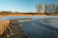 Wooden bridge over the frozen lake and reeds Royalty Free Stock Photo