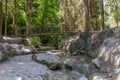 Wooden bridge over Nahal Hashofet stream at Ramot Menashe Forest part of the in Israel Royalty Free Stock Photo