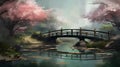 Wooden bridge over the pond in the autumn forest. Digital painting. Royalty Free Stock Photo