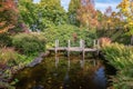 Wooden bridge over the pond in a park in autumn colors Royalty Free Stock Photo