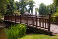 Wooden bridge over a small stream in the park with trees and fountains in Luxembourg