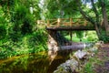 Wooden bridge over a small stream in the Retiro public park,