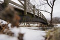 Wooden bridge over snowy river