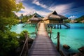 Wooden bridge over turquoise water in tropical paradise island, Over water bungalows with steps into green lagoon, AI Generated Royalty Free Stock Photo