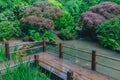 Wooden bridge over water among trees at Portland Japanese Garden, Portland, Oregon Royalty Free Stock Photo