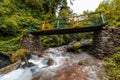 Wooden bridge over waterfall in himalayas - sainj, kullu, himachal, India