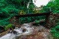 Wooden bridge over waterfall in himalayas - sainj, kullu, himachal, India