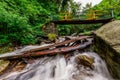 Wooden bridge over waterfall in himalayas - sainj, kullu, himachal, India