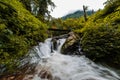 Wooden bridge over waterfall in himalayas - sainj, kullu, himachal, India