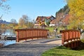 Wooden bridge on the promenade of Lake Hopfensee, with the Allg u Alps in the background, Allg u, Schwaben, Bavaria, Germany