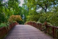 a wooden bridge with a red railing and flowers on the sides of it and trees in the background and a person walking on the bridge Royalty Free Stock Photo