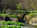 Wooden bridge on river Blanice, public park in city Vlasim, central bohemia region