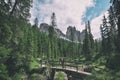 Wooden bridge and saent waterfall on italian alps Royalty Free Stock Photo