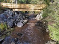 Wooden bridge waterfall rocky nature