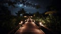 Wooden Bridge with Wooden Railing at Night. wooden pathway with beautiful night sky with stars Royalty Free Stock Photo