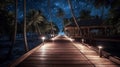 Wooden Bridge with Wooden Railing at Night. wooden pathway with beautiful night sky with stars Royalty Free Stock Photo