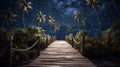 Wooden Bridge with Wooden Railing at Night. wooden pathway with beautiful night sky with stars Royalty Free Stock Photo