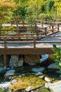 Wooden bridges crossings near the triple waterfall in Japanese garden. Public landscape park of Krasnodar or Galitsky Park Royalty Free Stock Photo