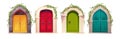 Wooden bright doors with handle, arch and ivy plant. Entrance, gate in a castle, church or house.