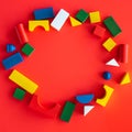 Wooden bright geometric shapes, multi colored education toy for kid Royalty Free Stock Photo