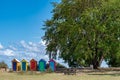 wooden brightly coloured beach huts on West atlantic beach french Oleron island