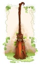 Wooden broom with buckle against wall. Halloween holiday accessory