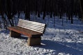 Wooden brown bench in a winter Moscow park on sunny bright day with snow, trees and nobody around Royalty Free Stock Photo