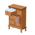 Wooden brown cupboard with drawers. Vector cartoon illustration. Furniture for interior of room. Isolated objects