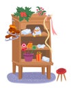 Wooden brown cupboard with shelves and Christmas toys, letters. Vector cartoon illustration. Furniture for room interior