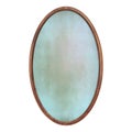 Wooden brown frame. Empty oval frame with blue abstract fill texture isolated on white background. Round blank frame. Signboard Royalty Free Stock Photo