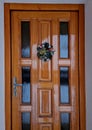 wooden brown glossy lacquered door made of planks. six windows