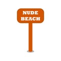 wooden brown sign saying Nude Beach. Vector illustration icon Royalty Free Stock Photo