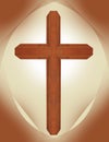 Wooden brown walnut ornate cross with brown cathedral shape and beige background christian symbol of resurrection