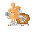 Wooden brush archaeologists with fossils mascot. cartoon vector