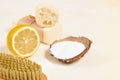 Wooden brush, lemon, soap,luffa and baking soda for eco cleaning zero waste lifestyle concept Royalty Free Stock Photo