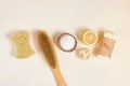 Wooden brush, lemon, soap,luffa and baking soda for eco cleaning zero waste lifestyle concept Royalty Free Stock Photo