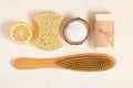 Wooden brush, lemon, soap,luffa and baking soda for eco cleaning zero waste lifestyle concept Royalty Free Stock Photo