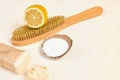 Wooden brush, lemon, soap,luffa and baking soda for eco cleaning zero waste lifestyle concept Royalty Free Stock Photo