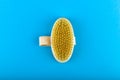 Wooden brush massager. massage wooden soft body brush with natural pile, worn on the hand, on a blue background, used in the